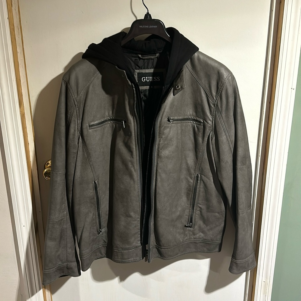 GUESS MENS XL GREY FAUX LEATHER ZIPUP JACKET/HOODIE